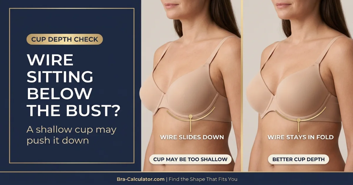 Underwire below bust diagram showing shallow cup pushing wire down onto ribs versus projected cup staying in the breast fold