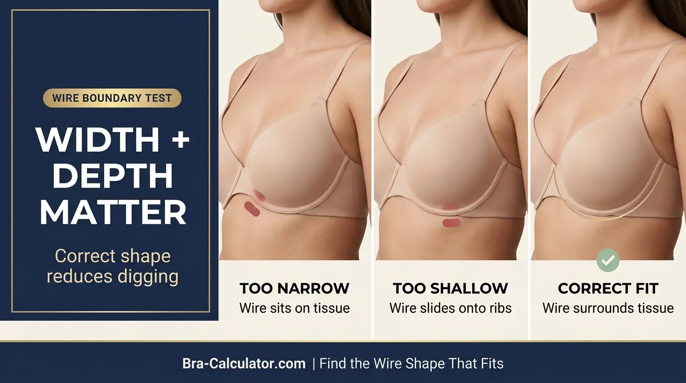 Underwire bra comparison showing narrow wire wide wire shallow cup and correct breast root fit