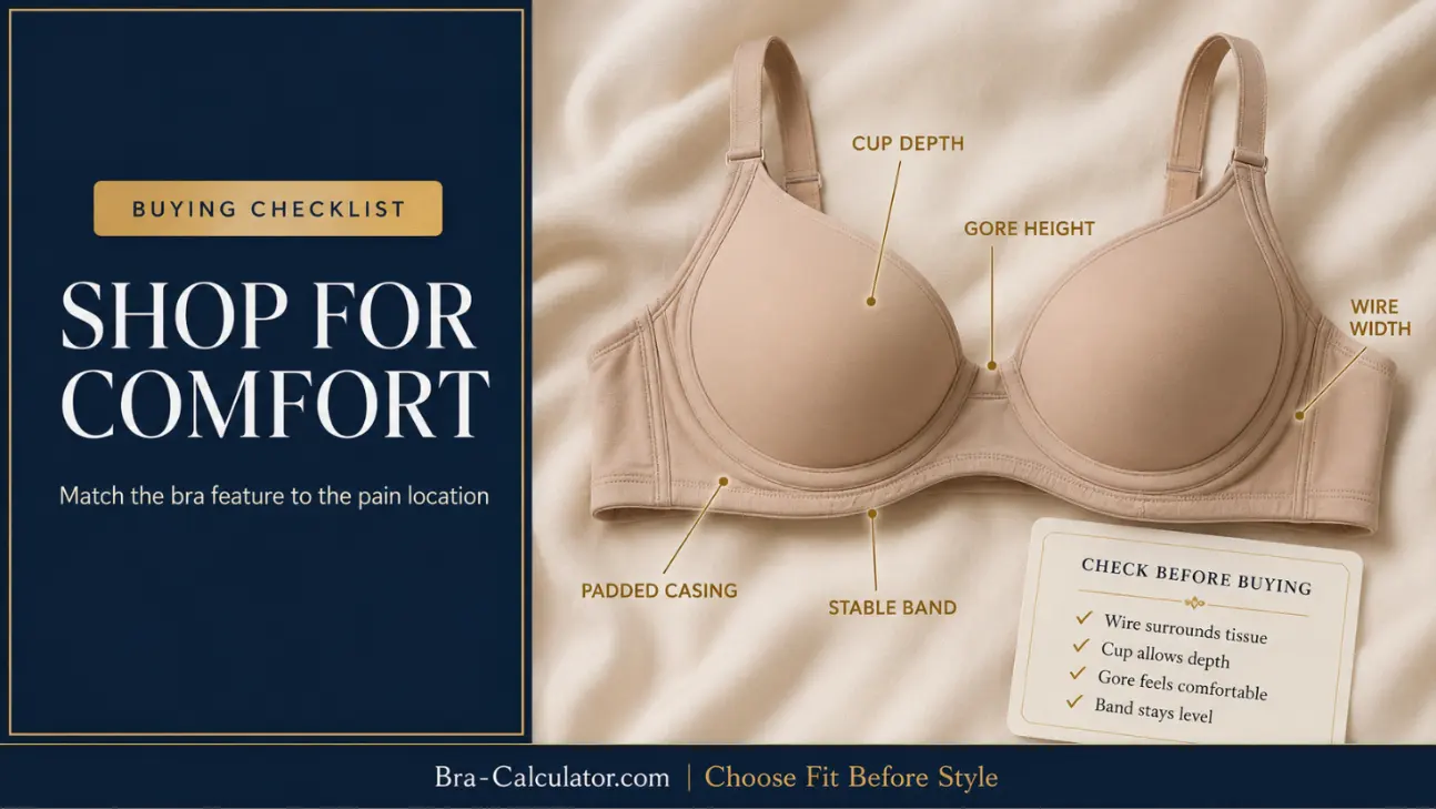 Underwire pain bra buying checklist showing wire width cup depth center gore padded casing and wireless support options