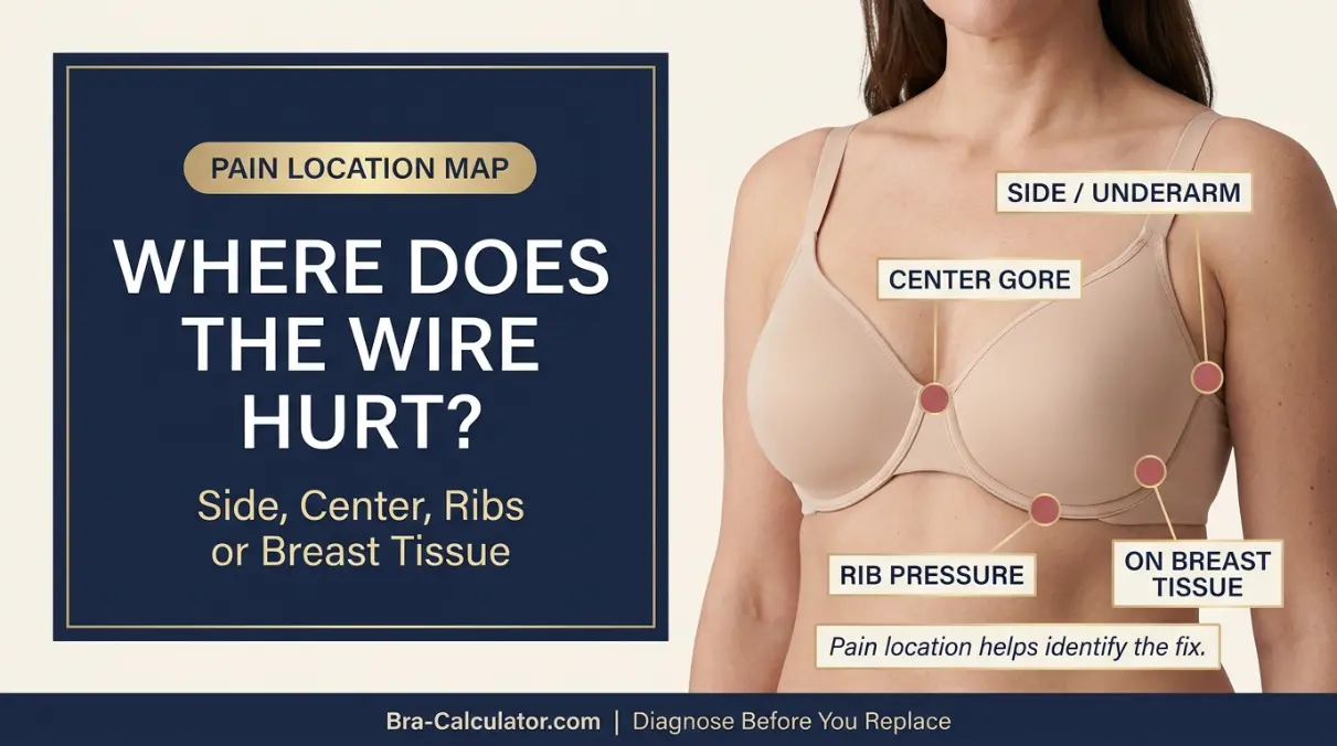 Underwire pain location map showing side underarm center gore rib and breast tissue digging causes