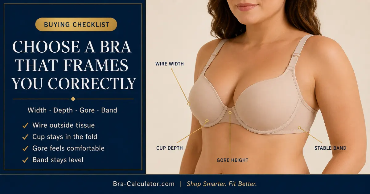 Bra buying checklist for underwire placement including wire width cup depth gore height and stable band