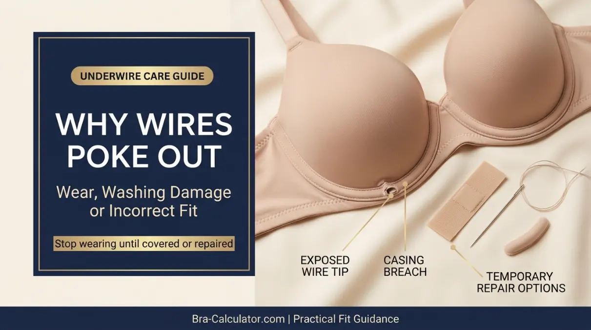 Underwire poking out of bra guide showing casing breach location repair methods and replacement decision