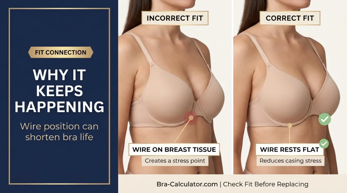 Diagram showing how an underwire sitting on breast tissue creates stress on the casing versus a correctly positioned wire lying flat on the chest wall