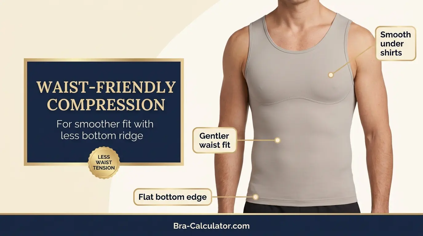 Waist friendly compression undershirt for gynecomastia that stays in place