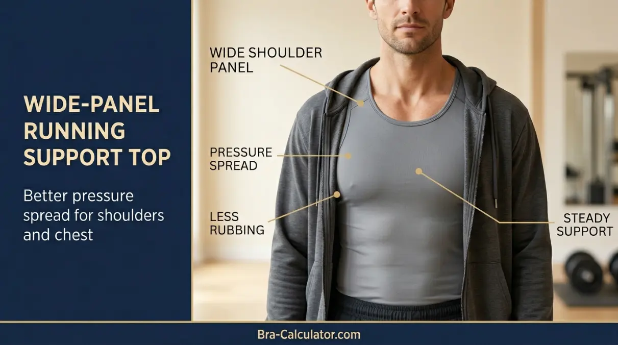 Wide panel running support top for men with gynecomastia and shoulder comfort