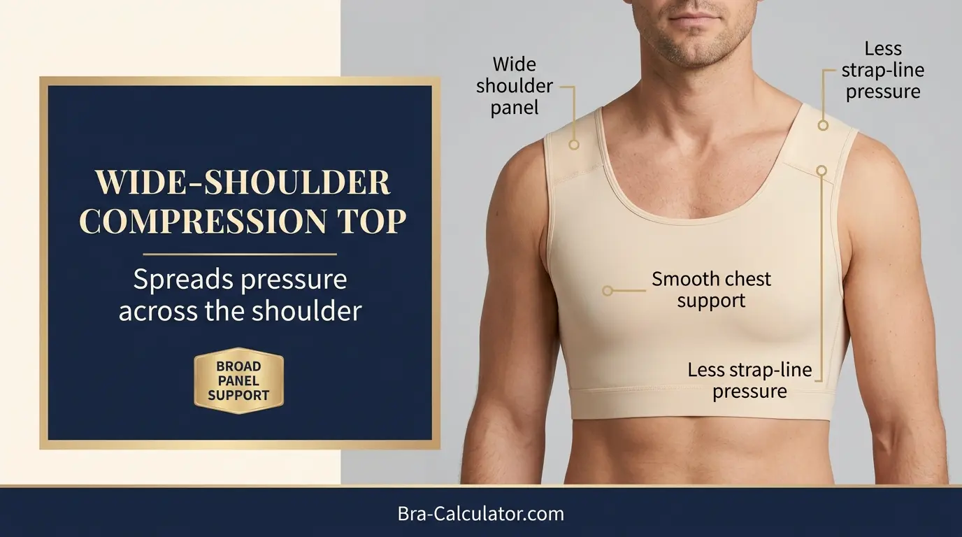 Wide shoulder compression top for gynecomastia strap digging fix