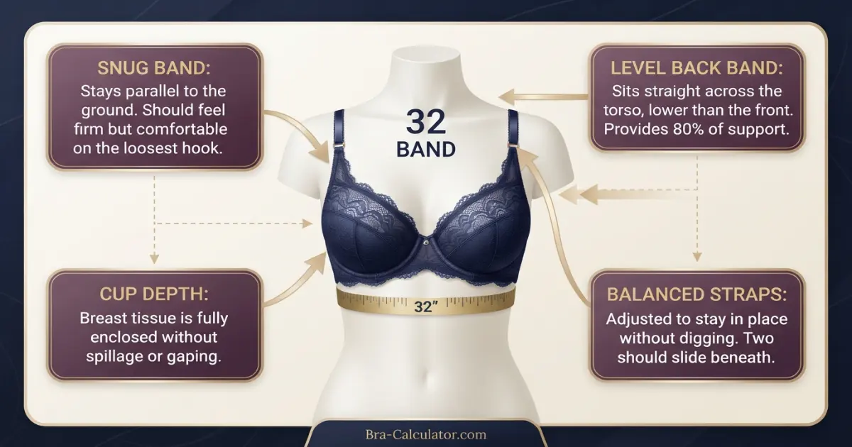 32 band bra fit diagram showing snug band cup depth and strap balance