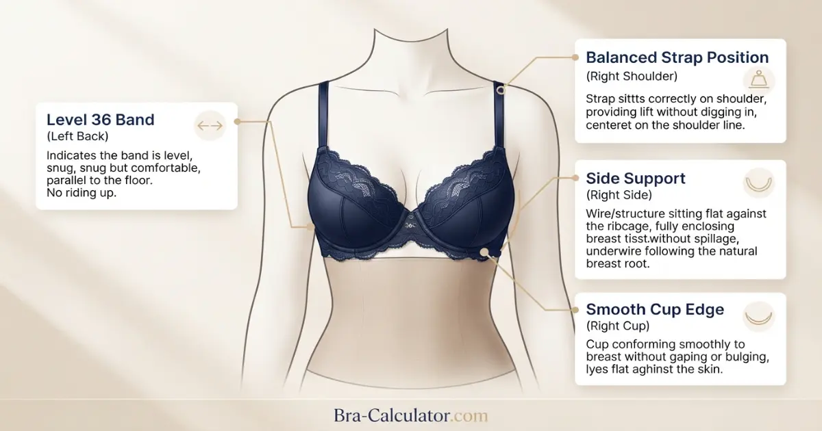 36 band bra fit diagram showing band tension side support and strap position