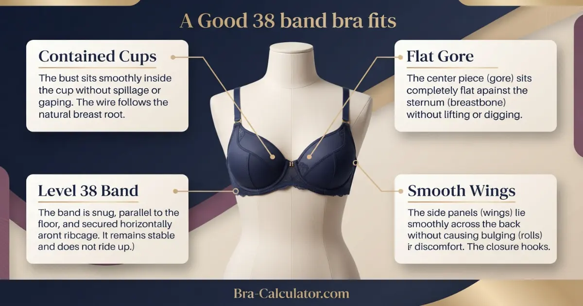 38 band bra fit diagram showing smoothing wings gore support and cup containment