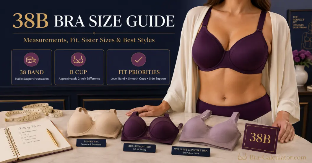 38B bra size guide hero graphic with measurement tape and navy gold branding