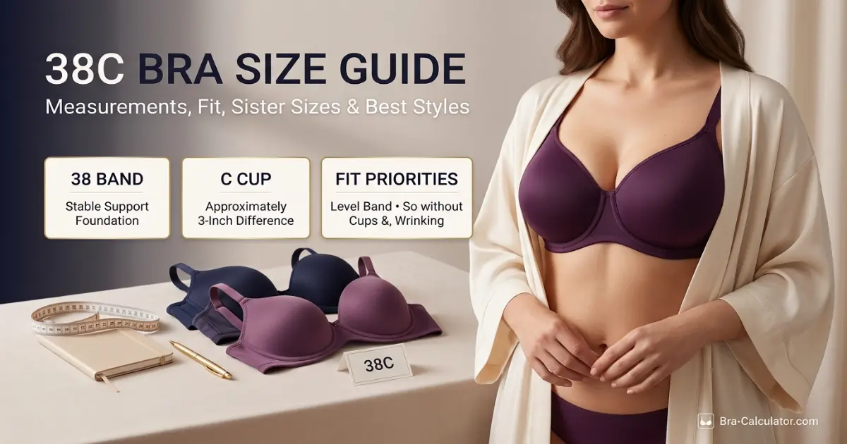 38C bra size guide hero graphic with measurement tape and navy gold branding