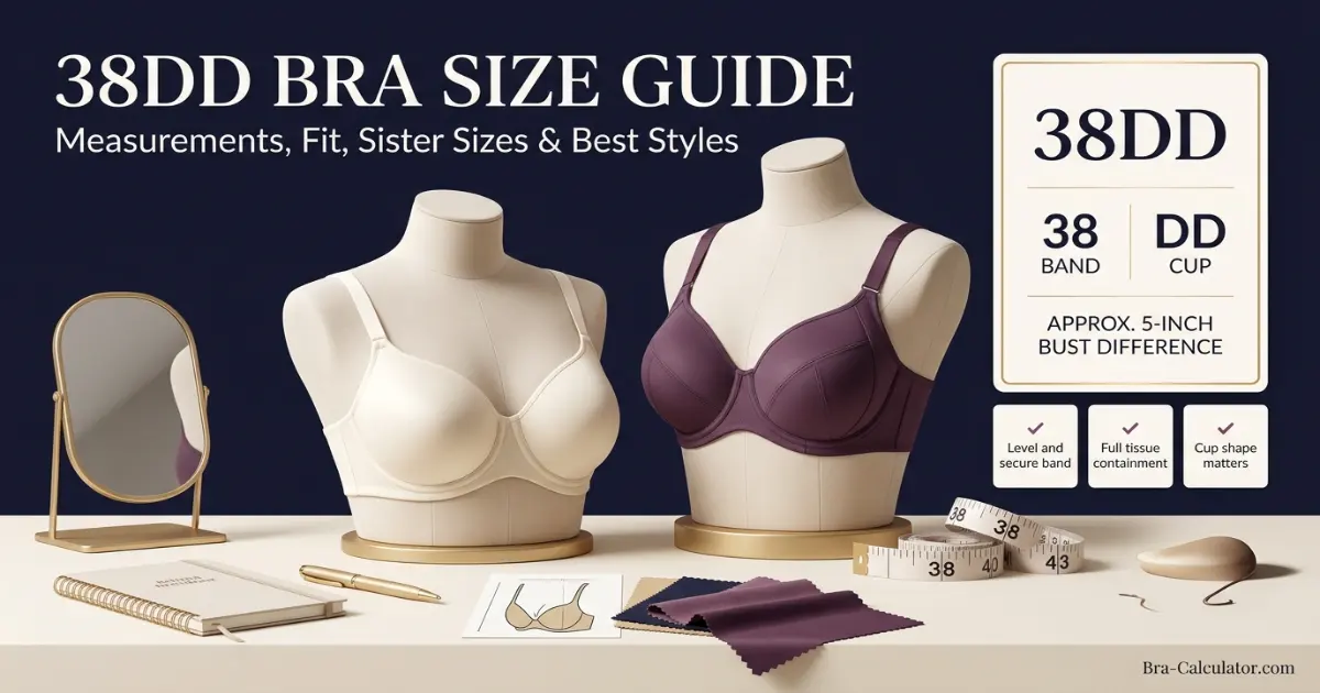 38DD bra size guide hero graphic with measurement tape and navy gold branding