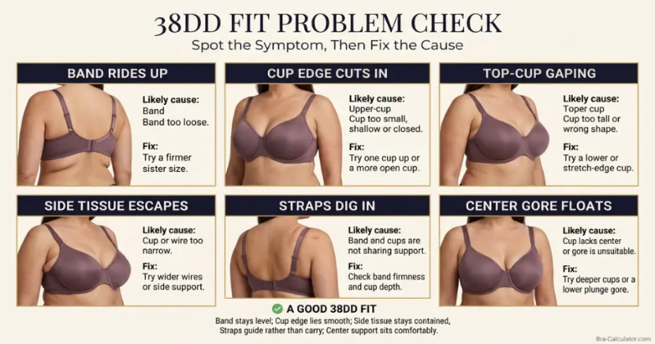 38DD bra fit problems showing gaping spillage side tissue strap digging and band riding up