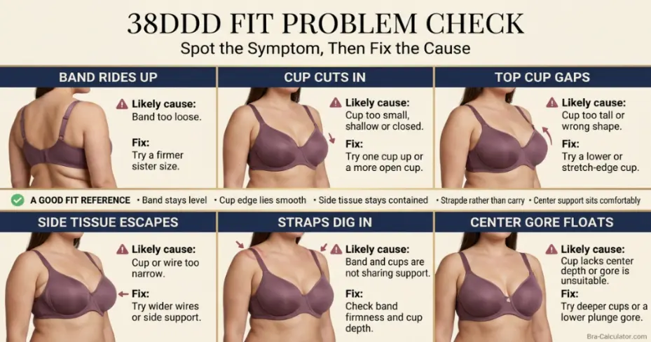 38DDD bra fit problems showing gaping spillage side tissue strap digging and band riding up