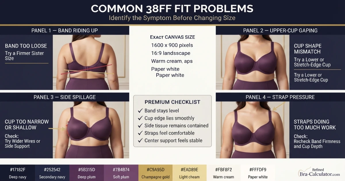38FF bra fit problems showing gaping spillage side tissue strap digging and band riding up