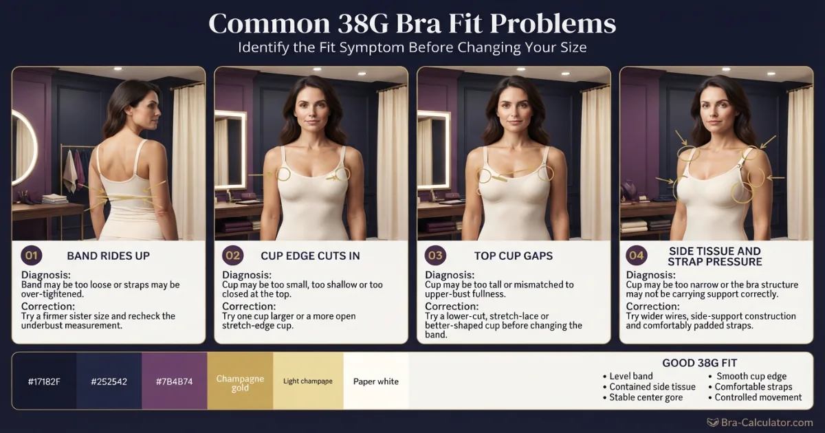 38G bra fit problems showing gaping spillage side tissue strap digging and band riding up