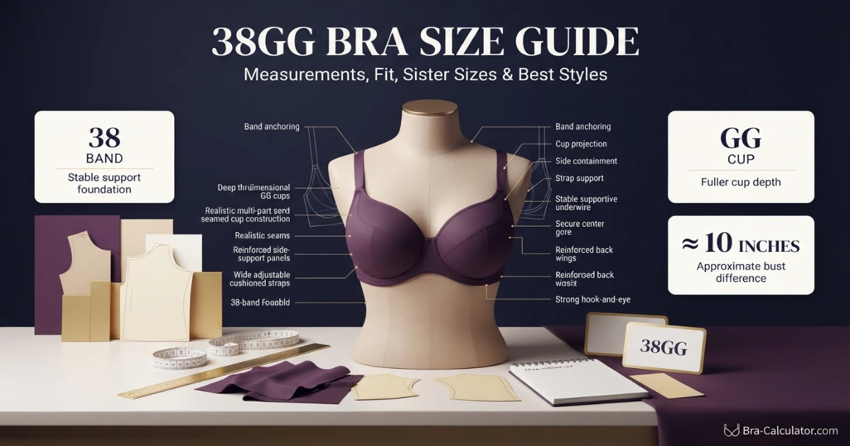 38GG bra size guide hero graphic with measurement tape and navy gold branding