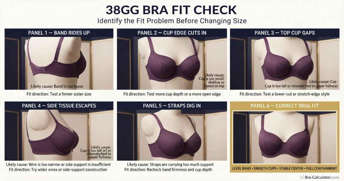 38GG bra fit problems showing gaping spillage side tissue strap digging and band riding up