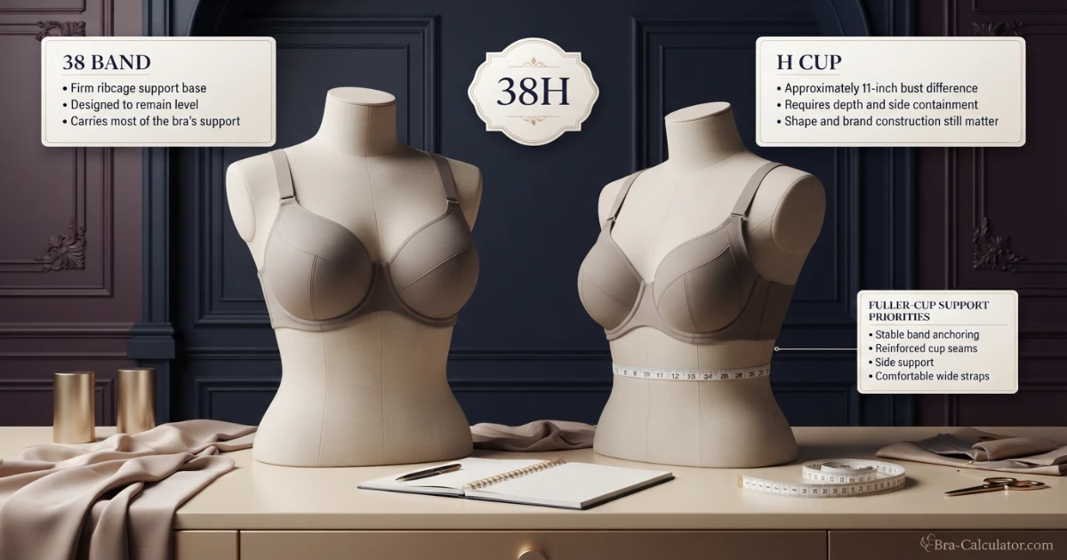 38H bra size guide hero graphic with measurement tape and navy gold branding