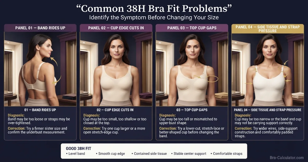 38H bra fit problems showing gaping spillage side tissue strap digging and band riding up