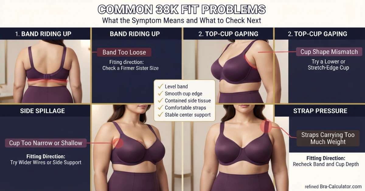 38K bra fit problems showing gaping spillage side tissue strap digging and band riding up