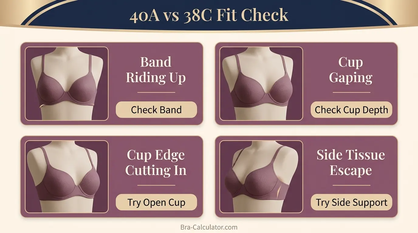 40A vs 38C fit problem diagram showing band riding up gaping spillage and side tissue