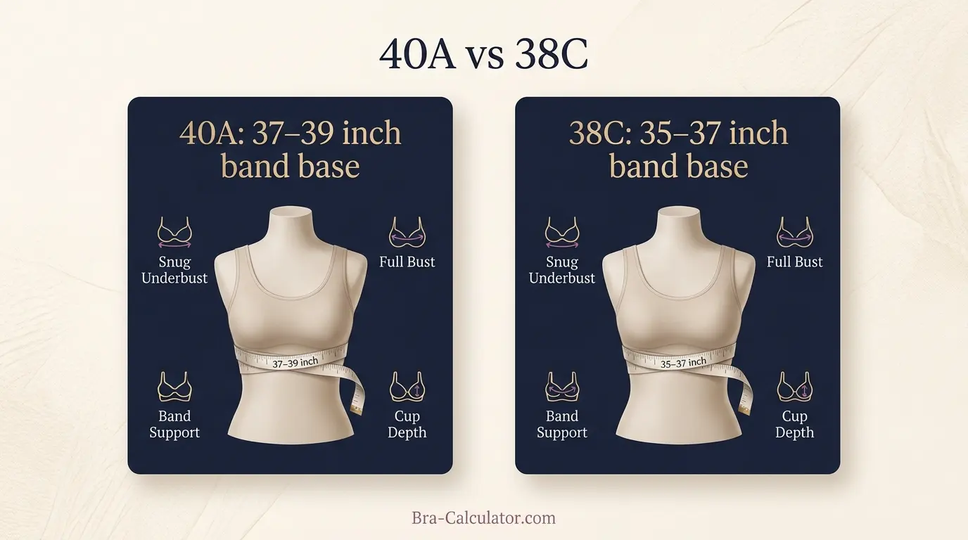 40A vs 38C measurement logic diagram showing underbust and cup volume