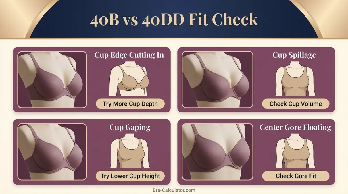 40B vs 40DD fit problem diagram showing band riding up gaping spillage and side tissue