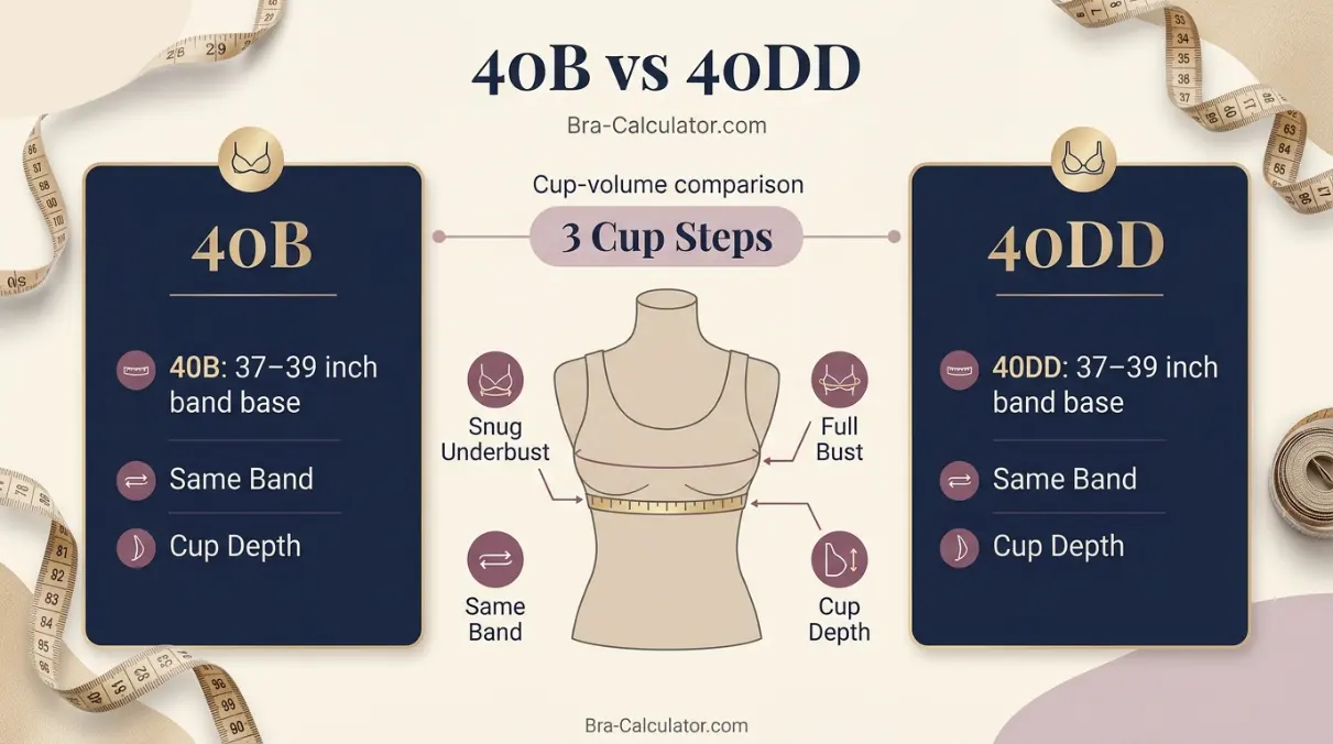 40B vs 40DD measurement logic diagram showing underbust and cup volume