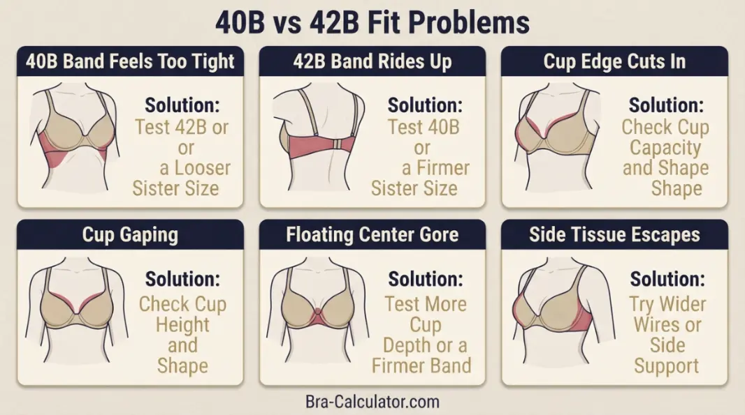 40B vs 42B fit problem diagram showing gaping spillage floating gore band riding up and side tissue issues
