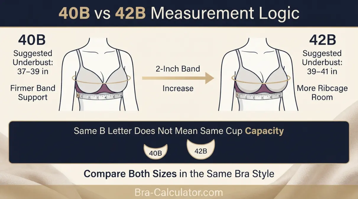 40B vs 42B measurement logic diagram showing band starting point and cup-volume comparison