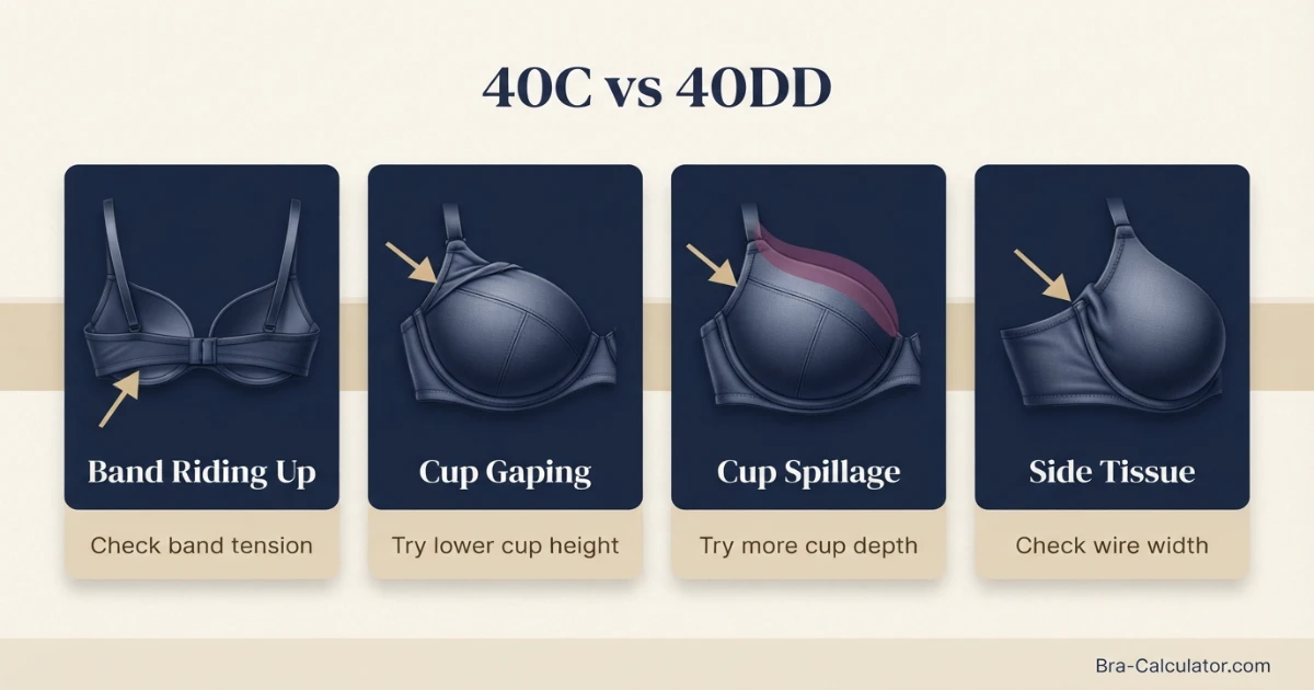 40C vs 40DD fit problem diagram showing band riding up gaping spillage and side tissue