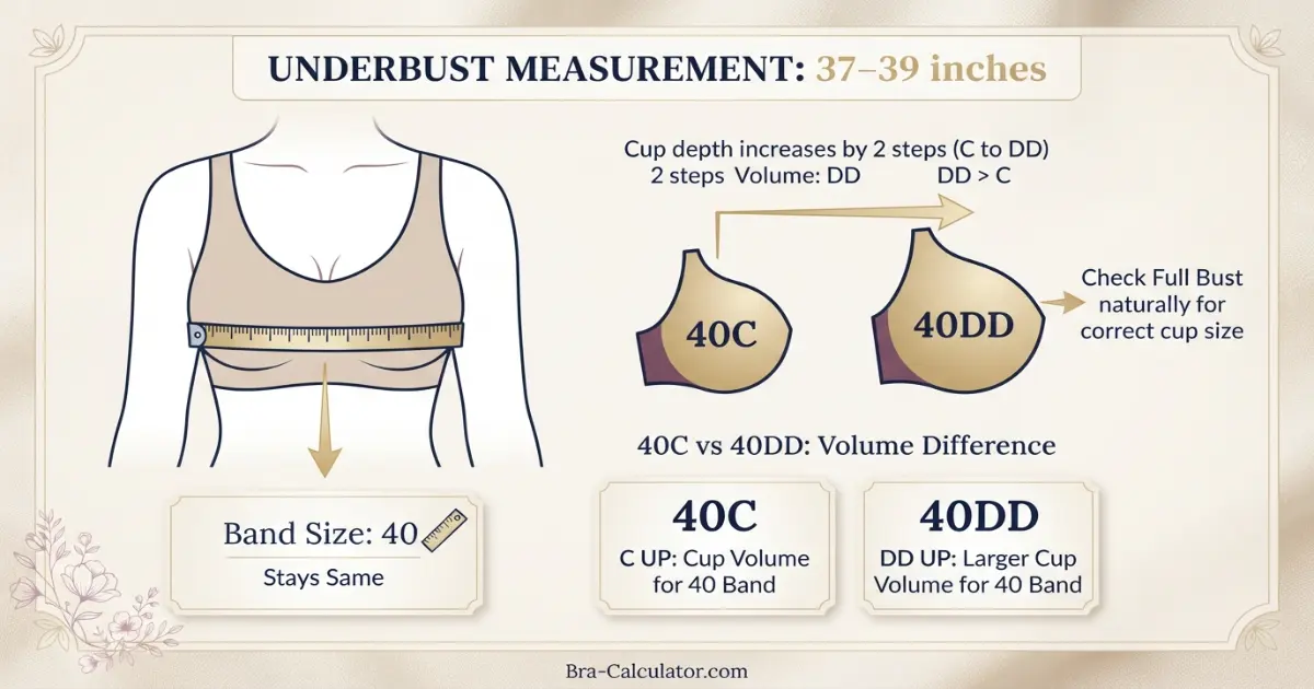 40C vs 40DD measurement logic diagram showing underbust and cup volume