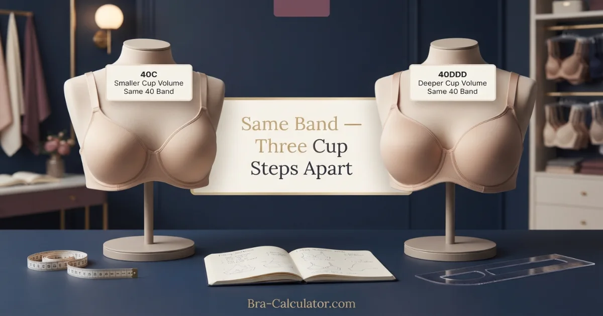 40C vs 40DDD bra size comparison showing cup volume and fit differences