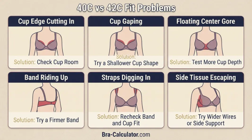40C vs 42C fit problem diagram showing gaping spillage floating gore band riding up and side tissue issues