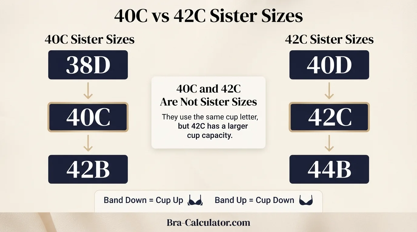 40C vs 42C sister size guide showing tighter-band and looser-band alternatives