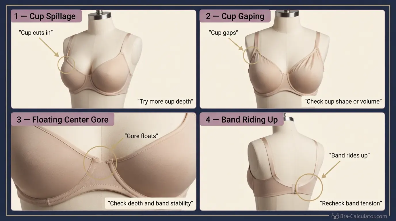 40D vs 40E fit problem diagram showing band riding up gaping spillage and side tissue
