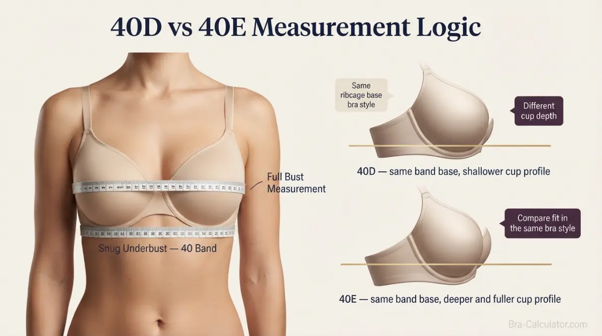 40D vs 40E measurement logic diagram showing underbust and cup volume
