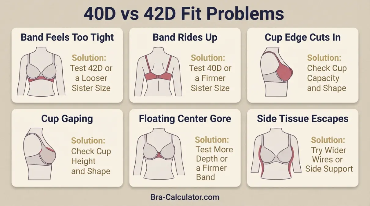 40D vs 42D fit problem diagram showing gaping spillage floating gore band riding up and side tissue issues