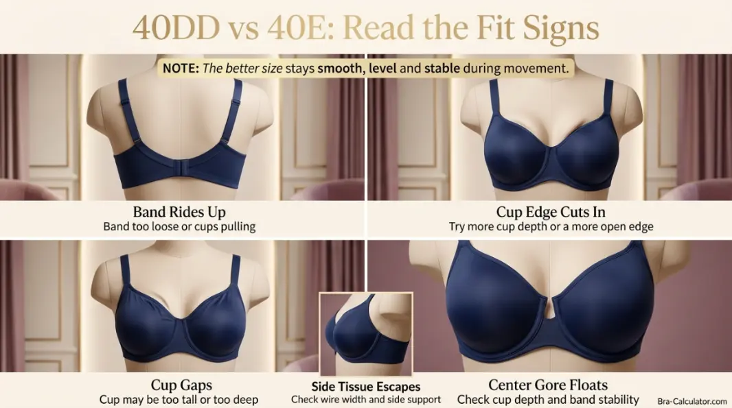 40DD vs 40E fit problem diagram showing band riding up gaping spillage and side tissue