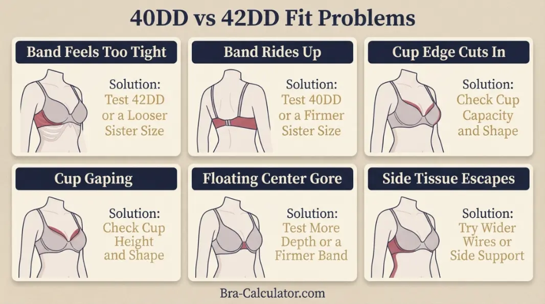 40DD vs 42DD fit problem diagram showing gaping spillage floating gore band riding up and side tissue issues