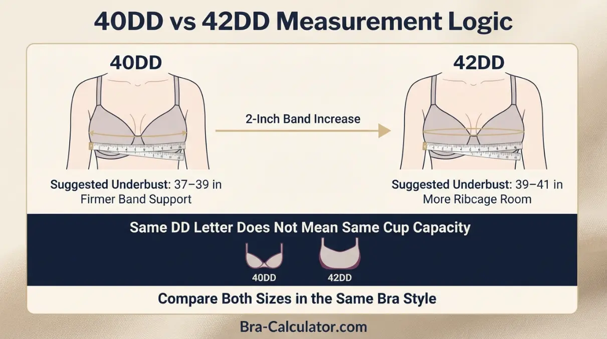 40DD vs 42DD measurement logic diagram showing band starting point and cup-volume comparison