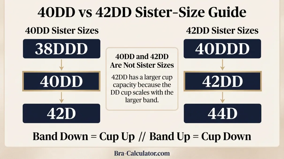40DD vs 42DD sister size guide showing tighter-band and looser-band alternatives