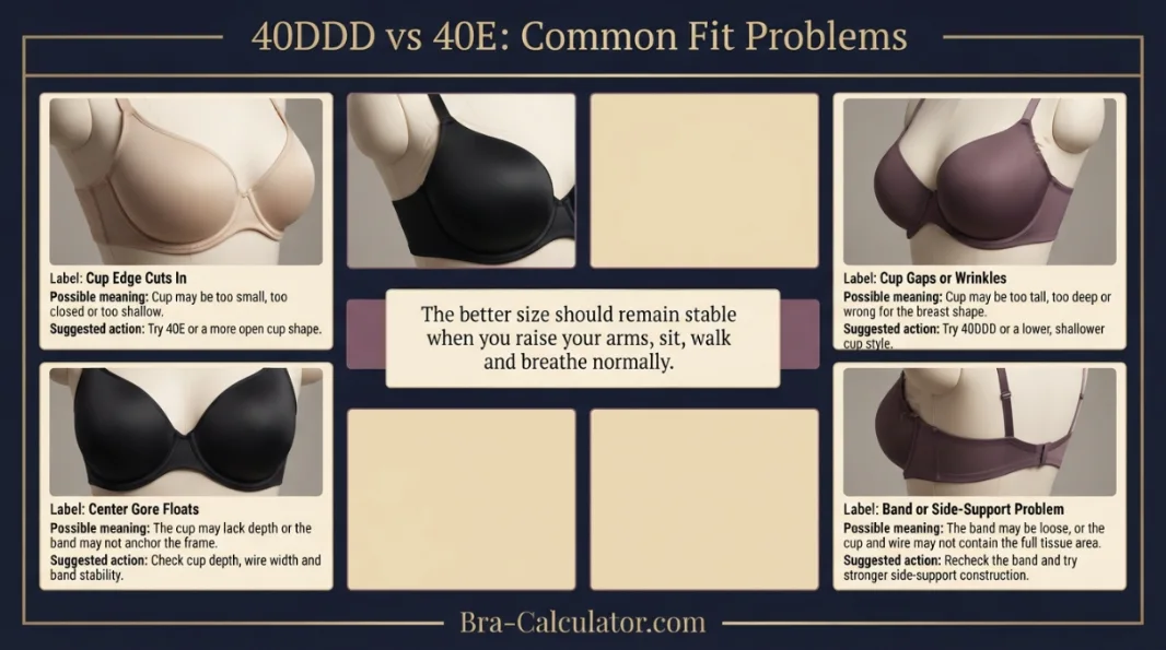 40DDD vs 40E fit problem diagram showing band riding up gaping spillage and side tissue