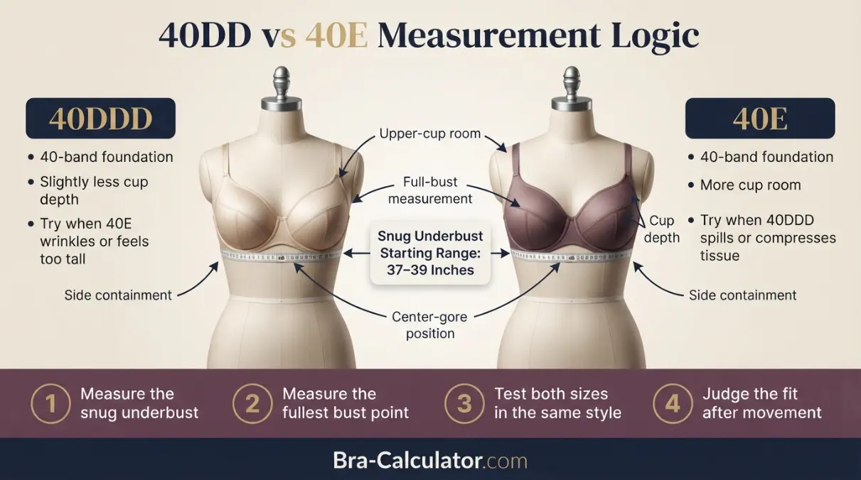 40DDD vs 40E measurement logic diagram showing underbust and cup volume