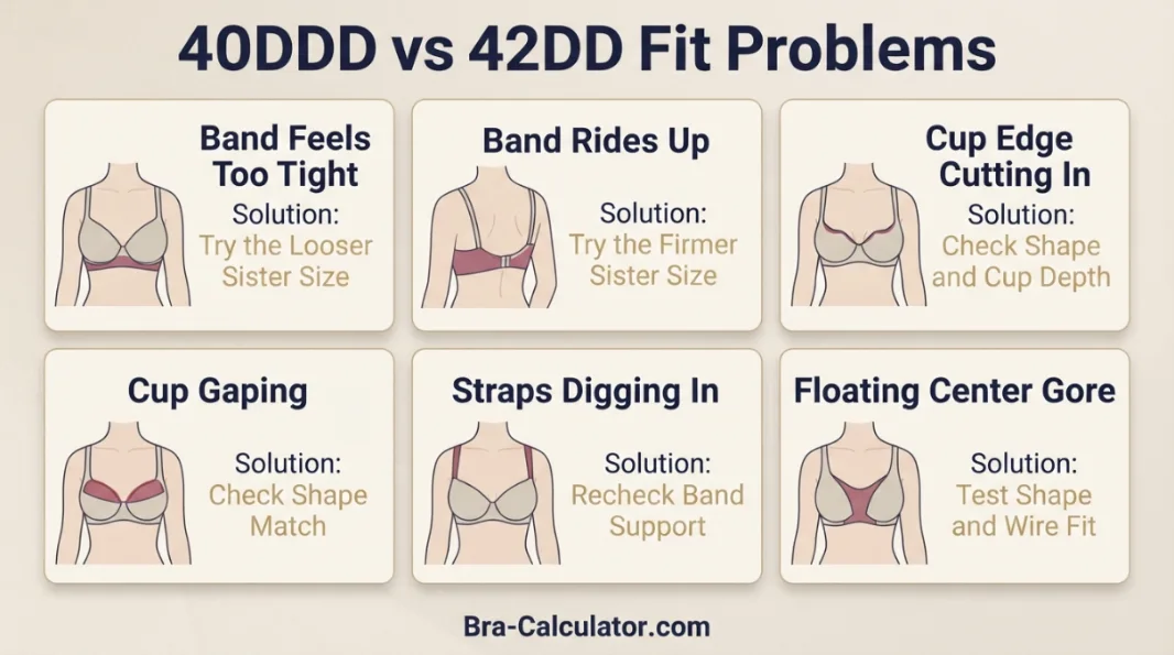 40DDD vs 42DD fit problem diagram showing gaping spillage floating gore band riding up and side tissue issues