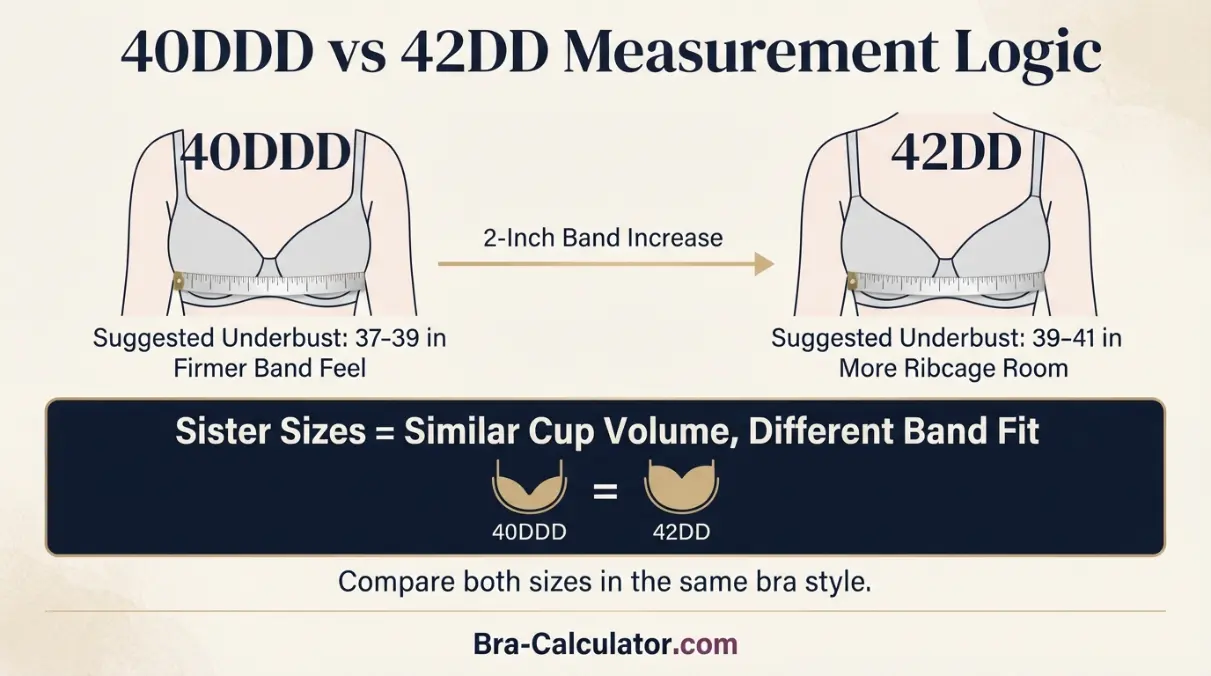40DDD vs 42DD measurement logic diagram showing band starting point and cup-volume comparison