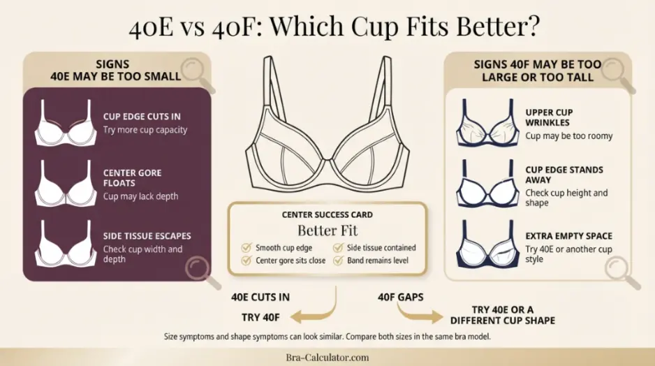 40E vs 40F fit problem diagram showing band riding up gaping spillage and side tissue