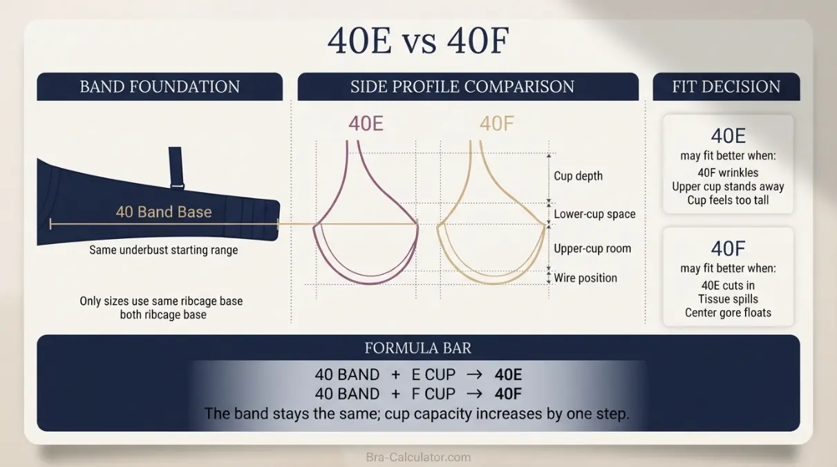 40E vs 40F measurement logic diagram showing underbust and cup volume