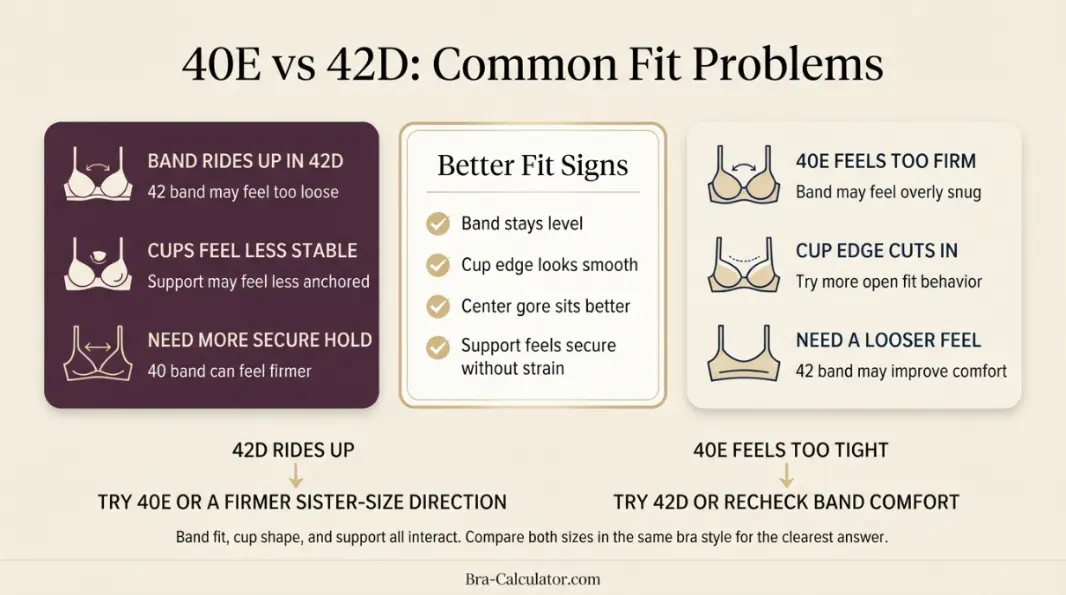 40E vs 42D fit problem diagram showing band riding up gaping spillage and side tissue
